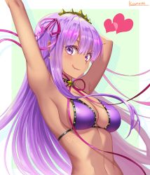  1girl :q aqua_background arm_behind_head armpits arms_up artist_name bare_shoulders bb_(fate) bb_(fate)_(all) bb_(swimsuit_mooncancer)_(fate) bb_(swimsuit_mooncancer)_(second_ascension)_(fate) bikini blush body_writing breasts character_name cleavage closed_mouth colored_eyelashes commentary_request dark-skinned_female dark_skin fate/grand_order fate_(series) hair_ornament hair_ribbon heart kuzumochi_(kuzumochiya) long_hair looking_at_viewer looking_back medium_breasts navel pink_ribbon purple_bikini purple_eyes purple_hair ribbon smile solo star_(symbol) star_hair_ornament swimsuit toned tongue tongue_out upper_body very_long_hair  rating:Sensitive score:13 user:danbooru