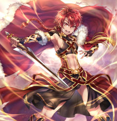 1boy abs alexander_(fate) armlet armpits belt black_footwear black_gloves boots bracer braid bulge cape clothing_cutout cloud collarbone earrings elbow_gloves fate/grand_order fate_(series) fighting_stance fingerless_gloves fingernails floating_hair fur-trimmed_cape fur-trimmed_gloves fur_trim glint gloves gold_trim hair_between_eyes hair_ornament hand_up highres holding holding_sword holding_weapon hoop_earrings jewelry knee_boots legs_apart long_hair looking_at_viewer male_focus md5_mismatch motion_blur muscular nasaniliu navel_cutout open_mouth outstretched_arm parted_bangs red_belt red_cape red_eyes red_hair resolution_mismatch single_braid solo source_smaller standing sword tassel v-shaped_eyebrows v-shaped_eyes waist_cape weapon wind rating:Sensitive score:15 user:danbooru