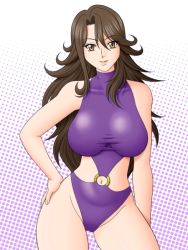  00s 1girl bare_arms bare_shoulders blush breasts brown_eyes brown_hair facing_viewer gundam gundam_00 halftone halftone_background hand_on_own_hip haru_(hall) large_breasts long_hair looking_at_viewer o-ring o-ring_swimsuit one-piece_swimsuit purple_one-piece_swimsuit shirt simple_background solo standing sumeragi_lee_noriega swimsuit taut_clothes taut_shirt wavy_hair wide_hips  rating:Questionable score:24 user:muld07