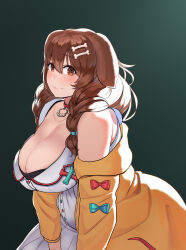  1girl absurdres animal_collar animal_ears bad_id bad_twitter_id bare_shoulders blush bone_hair_ornament braid breasts brown_eyes brown_hair buttons cleavage collar collarbone dated dog_ears dog_girl dress fat gradient_background hair_between_eyes hair_ornament highres hololive huge_breasts inugami_korone inugami_korone_(1st_costume) jacket large_breasts leaning_forward long_hair looking_at_viewer looking_to_the_side off_shoulder plump ribbon smile solo split_mouth tajyador tareme thick_arms third-party_edit virtual_youtuber yellow_jacket  rating:Sensitive score:26 user:niabot