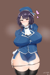 10s 1girl black_hair black_panties black_thighhighs blush breasts brown_background covered_erect_nipples curvy female_focus hat heart highres huge_breasts kantai_collection looking_at_viewer military military_uniform miniskirt okutyan panties panty_pull red_eyes simple_background skirt smile solo standing steam takao_(kancolle) thick_thighs thighhighs thighs underwear undressing uniform wide_hips rating:Questionable score:44 user:Xander