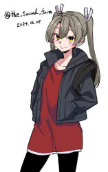  1girl alternate_costume backpack bag black_jacket black_leggings collarbone contrapposto cowboy_shot dated grey_hair hood hooded_jacket jacket kantai_collection leggings long_hair official_alternate_costume one-hour_drawing_challenge popped_collar red_shirt shirt solo the_second_form twitter_username yellow_eyes zuikaku_(kancolle) 