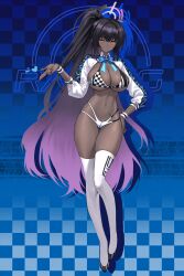  1girl alternate_costume bikini black_hair blue_archive bow bowtie breasts checkered_bikini checkered_clothes cleavage closed_mouth dark-skinned_female dark_skin drop_shadow full_body gluteal_fold gradient_hair halo halterneck hand_on_own_hip hand_up highres karin_(blue_archive) kyundoo large_breasts long_hair long_sleeves looking_at_viewer multi-strapped_bikini_bottom multicolored_hair navel ponytail purple_hair race_queen shrug_(clothing) solo stomach string_bikini swimsuit tattoo thigh_gap thighhighs thighs two-tone_bikini very_long_hair white_bikini white_shrug white_thighhighs wing_collar wristband yellow_eyes 