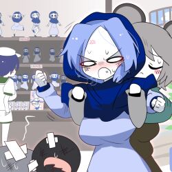  114514 4girls :c anger_vein angry animal_ears blue_capelet blue_dress blue_hood blush breasts capelet closed_eyes closed_mouth colored_skin commentary_request cookie_(touhou) cowboy_shot crossed_bandaids dress dual_persona figure flour_(cookie) frown grey_hair hood hood_up indoors kumoi_ichirin large_breasts lets0020 medium_bangs milk_(cookie) mouse_ears mouse_girl multiple_girls murasa_minamitsu nazrin nyon_(cookie) o_o open_mouth photo_(object) puffy_short_sleeves puffy_sleeves restrained shelf short_hair short_sleeves shorts touhou v-shaped_eyebrows white_shorts white_skin window 