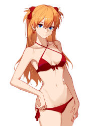  1girl artist_request bare_arms bare_legs bikini blue_eyes breasts brown_hair curvy earrings hair_between_eyes hair_ribbon highres jewelry legs_together long_hair neon_genesis_evangelion red_bikini ribbon shiny_skin short_twintails side-tie_bikini_bottom solo souryuu_asuka_langley split_mouth swimsuit twintails white_background wide_hips 