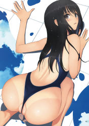 1girl all_fours ass bent_over black_eyes black_hair blush cameltoe cleft_of_venus cloud competition_swimsuit fat_mons female_focus floor from_above from_behind highres long_hair looking_at_viewer looking_back non-web_source one-piece_swimsuit open_mouth original partially_visible_vulva reflection scan solo swimsuit tan tanline tony_taka uncensored wedgie wet wet_hair rating:Questionable score:221 user:danbooru