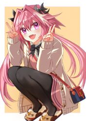  1boy absurdres animal_slippers astolfo_(fate) astolfo_(saber)_(fate) astolfo_(tour_outfit)_(fate) bag black_bow black_pantyhose blush bow brown_cardigan buttons cardigan double_v dress eyelashes fang fate/apocrypha fate/grand_order fate_(series) full_body hair_between_eyes hair_bow hair_intakes handbag highres long_hair low_twintails male_focus multicolored_hair open_cardigan open_clothes open_mouth pantyhose pink_dress pink_hair purple_eyes skin_fang slippers smile solo squatting streaked_hair trap twintails twitter_username two-tone_hair v very_long_hair white_cardigan white_hair zerobi  rating:General score:14 user:danbooru