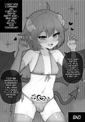  1boy absurdres ahoge bat_wings bikini blush bulge claw_pose collarbone commentary covered_erect_nipples crossdressing demon demon_boy demon_horns demon_tail dot_nose elbow_gloves english_commentary english_text eyelashes fang gloves gluteal_fold greyscale hands_up hashite_a heart heart-shaped_pupils highres horns inktober kneehighs looking_at_viewer lower_teeth_only male_focus monochrome navel open_mouth original panties pointy_ears pubic_tattoo short_hair socks speech_bubble swimsuit symbol-shaped_pupils tail tattoo teeth thong_bikini thong_bulge tongue trap underwear wings 