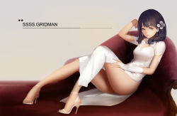  10s 1girl alternate_costume bare_legs black_hair blackrabbitsoul blue_eyes blue_nails breasts bridal_gauntlets chaise_longue closed_mouth commentary_request copyright_name dress earphones earrings expressionless flower from_side full_body grey_background gridman_universe hair_flower hair_ornament hand_on_own_thigh high_heels highres jewelry knees_up leaning_back long_hair looking_at_viewer looking_to_the_side medium_breasts nail_polish pelvic_curtain shoes short_sleeves simple_background sitting solo ssss.gridman stiletto_heels takarada_rikka thighs toenail_polish toenails white_dress white_footwear wristband 