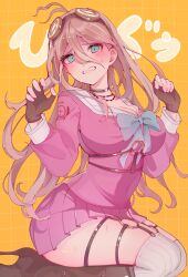  1girl antenna_hair blonde_hair blush boots bow bowtie breasts brown_footwear brown_gloves danganronpa_(series) danganronpa_v3:_killing_harmony fingerless_gloves from_side gloves goggles goggles_on_head green_bow green_bowtie green_eyes hands_up high_heels highres iruma_miu knee_boots large_breasts long_hair miniskirt o-ring orange_background pink_skirt pleated_skirt rize_(rize0420) skirt solo sweat teeth translation_request 