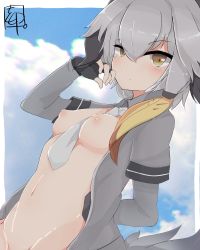  10s 1girl between_breasts blush bottomless breasts brown_eyes cloud dutch_angle grey_hair hand_on_face highres kemono_friends kokuin looking_at_viewer medium_breasts navel necktie necktie_between_breasts nipples no_panties no_pants open_clothes open_shirt shoebill_(kemono_friends) sky solo  rating:Questionable score:13 user:2hu4u