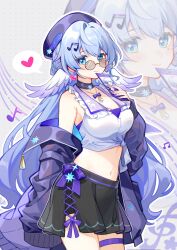  1girl alternate_costume bare_shoulders black_skirt blue_eyes blue_hair braid breasts cellphone choker cleavage closed_mouth gou_lianlian_dogface gradient_wings hand_up hat head_wings highres holding holding_phone honkai:_star_rail honkai_(series) jacket jewelry looking_at_viewer multicolored_wings navel necklace open_clothes open_jacket phone polka_dot polka_dot_background purple_jacket purple_wings robin_(honkai:_star_rail) shirt skirt sleeveless sleeveless_shirt smartphone smile standing stomach thigh_strap white_shirt white_wings wings zoom_layer 