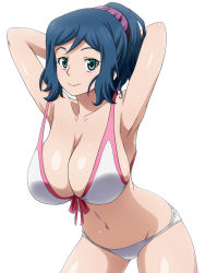 10s 1girl armpits arms_up bikini blue_hair blush breasts cleavage front-tie_top green_eyes gundam gundam_build_fighters hanging_breasts highres iori_rinko large_breasts looking_at_viewer mameshiba_(pixiv_59310) navel ponytail shiny_skin simple_background smile solo strap_gap sunrise_(company) swimsuit white_background white_bikini rating:Sensitive score:128 user:danbooru