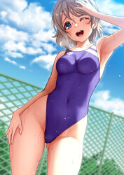  1girl bare_shoulders birthday blue_eyes brown_hair highres looking_at_viewer love_live! love_live!_sunshine!! open_mouth outdoors rokko short_hair solo swimsuit watanabe_you 