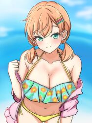  1girl aqua_eyes bikini blue_bikini blue_sky blurry blurry_background blush breasts check_commentary cleavage closed_mouth collarbone commentary_request crossed_bangs daime_(hyahhaa10) floral_print floral_print_bikini frilled_bikini_top groin hair_ornament hairclip highres hinoshita_kaho jacket jacket_partially_removed large_breasts leaning_forward link!_like!_love_live! looking_at_viewer love_live! low_twintails medium_hair mismatched_bikini naughty_face navel open_clothes open_jacket orange_hair pink_jacket side-tie_bikini_bottom sky smile solo split_mouth stomach swimsuit twintails virtual_youtuber yellow_bikini 
