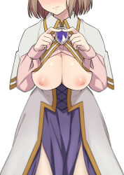  1girl alicia_edelcia blush breasts breasts_out brown_hair cleavage head_out_of_frame highres isekai_ojisan large_breasts morisobo nipples no_bra short_hair simple_background solo white_background  rating:Questionable score:124 user:danbooru
