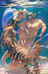  4boys abs absurdres bara beard black_hair blue_sclera brown_hair cheek_bulge colored_sclera covering_crotch covering_privates dark-skinned_male dark_skin facial_hair fins full_beard full_body glowing glowing_eyes hairy head_fins highres implied_erection large_pectorals male_focus male_harem mature_male merman monster_boy multiple_boys muscular muscular_male navel navel_hair neckbeard nipples nude original pectorals profile seanhexiao short_hair size_difference skinny smile sparse_chest_hair sparse_navel_hair sparse_stubble stomach swimming underwater yaoi 