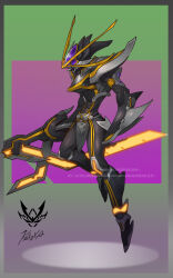  1boy armor artist_name belt bodysuit border character_name claws dated full_body gloves glowing glowing_eyes helmet highres holding holding_sword holding_weapon horns kaijin kaixa_blaygun kamen_rider kamen_rider_555 kamen_rider_kaixa looking_at_viewer male_focus mecha monsterification no_humans open_mouth purple_eyes rcj robot science_fiction signature solo sword teeth weapon 