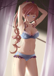 1girl armpits arms_up bare_arms bare_shoulders blue_panties bow bra breasts brown_hair cleavage collarbone cowboy_shot drill_hair frilled_panties frills hair_bow highres hoshiko_mikami indie_virtual_youtuber lace lace-trimmed_bra lace_trim long_hair looking_at_viewer medium_breasts multicolored_hair navel nev_(nevblindarts) panties parted_lips ponytail purple_eyes solo standing stomach streaked_hair thighs underwear underwear_only virtual_youtuber rating:Sensitive score:65 user:danbooru
