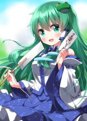  1girl :d bare_shoulders blue_skirt blush breasts collared_shirt commentary_request detached_sleeves frilled_skirt frills frog_hair_ornament gohei green_eyes green_hair hair_ornament happy highres holding holding_gohei holding_ofuda kochiya_sanae long_hair long_sleeves oonusa open_mouth ribbon-trimmed_sleeves ribbon_trim ruu_(tksymkw) shirt single_hair_tube single_sidelock skirt sleeveless sleeveless_shirt small_breasts smile snake_hair_ornament solo touhou translation_request upper_body very_long_hair white_shirt white_sleeves wide_sleeves 