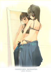 1girl absurdres ass black_bra black_eyes black_hair black_panties blue_skirt bra breasts butt_crack commentary_request dressing english_text from_behind headphones highres hosoi_mieko long_hair mirror panties pleated_skirt reflection skirt small_breasts smile solo standing sunnyrain_memories underwear undressing rating:Questionable score:18 user:danbooru