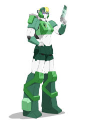  1girl black_theme blue_eyes colored_skin female_focus full_body green_theme gun robot simple_background solo standing weapon white_background white_skin yellow_theme  rating:Questionable score:0 user:kimr456