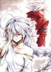  1boy 1girl absurdres ahoge bandage_over_one_eye bare_shoulders blazblue braid breasts chest_tattoo coat collarbone commentary empty_eyes faceless faceless_male hand_on_forehead hand_on_own_forehead highres huge_ahoge karadborg long_hair looking_back medium_breasts nu-13 off_shoulder parted_lips ragna_the_bloodedge red_coat red_eyes shirt single_braid tattoo torn_clothes torn_coat upper_body white_hair white_shirt 
