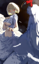 1girl absurdres blonde_hair blush breasts chimera dungeon_meshi falin_touden falin_touden_(chimera) feathered_wings feathers fingernails highres large_breasts long_fingernails looking_at_viewer monster_girl navel parted_lips sharp_fingernails shiro_marimo short_hair slit_pupils solo underboob white_wings wings yellow_eyes 
