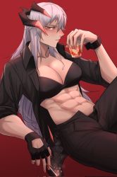 1girl abs alcohol arknights black_bra black_gloves black_pants black_shirt blush bra bracer breasts cigarette cleavage collarbone collared_shirt commentary cup dress_shirt drink drinking_glass english_commentary fingerless_gloves gloves gradient_background highres holding holding_cigarette holding_drink kimmy_tsunami knee_up large_breasts long_hair looking_at_viewer midriff muscular muscular_female open_clothes open_shirt orange_eyes pants parted_lips red_background saria_(arknights) shirt silver_hair sitting sleeves_rolled_up smoking solo underwear rating:Sensitive score:28 user:danbooru