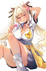  1girl :d absurdres arm_up black_choker blonde_hair blush bow breasts candy choker cleavage clothes_around_waist collarbone collared_shirt commentary_request convenient_leg dress_shirt feet_out_of_frame food grey_skirt gyaru hair_between_eyes hair_ornament hairclip heart highres holding holding_candy holding_food holding_lollipop knees_up large_breasts lollipop loose_socks nail_polish nenobi_(nenorium) open_mouth original pink_nails pink_scrunchie plaid plaid_skirt pleated_skirt red_eyes school_uniform scrunchie shirt short_sleeves simple_background sitting skirt smile socks solo twintails white_background white_shirt white_socks wrist_scrunchie x_hair_ornament yellow_bow 