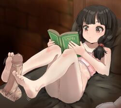  1boy 1girl anus ass bare_shoulders barefoot bed black_hair blurry book bottomless brick_wall brown_eyes chocomi6517 cleft_of_venus closed_mouth collarbone depth_of_field disembodied_penis feet footjob hetero holding holding_book indoors legs legs_up loli low_twintails lying on_back original penis pink_shirt pussy shirt sleeveless soles toes twintails uncensored 