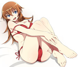  1girl barefoot bikini blue_eyes blush breasts brown_hair cameltoe charlotte_e._yeager cleavage commentary_request crotch feet knees_up large_breasts legs long_hair looking_at_viewer lying nanashino on_back open_mouth red_bikini side-tie_bikini_bottom smile solo strike_witches swimsuit toenails toes world_witches_series 