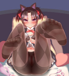 10s 1girl absurdres alternate_hairstyle animal_ears argyle argyle_clothes argyle_legwear ass black_hair blush cameltoe cat_ears closed_mouth clothes_lift dress dress_lift fake_animal_ears feet female_focus full_body hair_ribbon heart heart-shaped_pillow highres lifting_own_clothes looking_at_viewer muryou_myakudou navel pantyhose pillow red_eyes ribbon ryuuou_no_oshigoto! short_hair smile solo yashajin_ai rating:Questionable score:35 user:Domestic_Importer