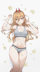  1girl absurdres blonde_hair breasts chainsaw_man commentary cowboy_shot cross-shaped_pupils flower grey_panties grey_sports_bra groin hair_between_eyes highres horns long_hair looking_at_viewer medium_breasts mouth_hold navel orange_eyes orenji_(user_fknw7775) panties power_(chainsaw_man) red_horns sharp_teeth solo sports_bra sports_panties standing symbol-shaped_pupils teeth thigh_gap underwear underwear_only 