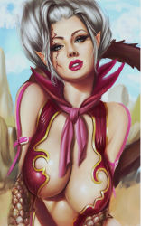  1girl bare_shoulders blue_eyes breasts buckle enenra eyebrows eyelashes eyeshadow fairy_tail female_focus highres large_breasts lips lipstick looking_at_viewer makeup mirajane_strauss nose parted_lips pointy_ears red_lips satan_soul scales scar scar_across_eye scar_on_face shiny_skin short_hair solo tagme tail teeth white_hair 