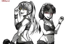  2girls back-to-back belt biceps black_hole black_hole-sensei borrowed_design breasts bsapricot choker collarbone commentary dumbbell ear_piercing english_commentary fangs gesugao greyscale groin hair_ornament hairclip half-closed_eyes highres lipstick long_hair looking_at_viewer low_twintails m87_black_hole maid_headdress makeup medium_breasts midriff mole mole_under_eye monochrome multiple_girls navel original personification piercing ponytail raised_eyebrow red_eyes shaded_face skull small_breasts sports_bra spot_color standing studded_belt studded_bracelet sweat toned twintails white_background yellow_eyes 