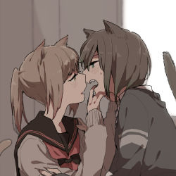 2girls :d animal_ears aqua_eyes black_sailor_collar blurry blurry_background blush cat_ears cat_girl cat_tail couple depth_of_field diagonal_stripes eye_contact face-to-face fangs finger_in_another&#039;s_mouth from_side green_eyes grey_sweater half-closed_eyes hand_on_another&#039;s_arm hand_on_another&#039;s_shoulder hands_up imminent_kiss indoors light_brown_hair long_sleeves looking_at_another multiple_girls neckerchief necktie open_mouth original parted_lips ponytail profile red_neckerchief ree_(re-19) sailor_collar shade short_hair smile striped striped_necktie sweat sweater tail tail_raised teeth upper_body upper_teeth_only yellow_eyes yuri rating:Sensitive score:30 user:danbooru
