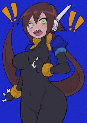  ! !! 1girl absurdres aile_(mega_man_zx) black_bodysuit blue_jacket blush bodysuit bodysuit_under_clothes breasts breath brown_hair buzzlyears clenched_hands commentary covered_erect_nipples covered_navel cowboy_shot cropped_jacket english_commentary faux_traditional_media green_eyes highres jacket large_breasts long_hair looking_at_viewer mega_man_(series) mega_man_zx mega_man_zx_advent open_clothes open_jacket open_mouth ponytail sharp_teeth solo teeth upper_teeth_only 