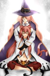  2girls age_difference animal_ears arc_system_works bell belt blazblue bracelet cat_ears cat_girl cat_tail cloak cogarasumaru female_focus glasses hair_over_one_eye hat highres jewelry kokonoe_(blazblue) konoe_a._mercury lab_coat long_hair looking_down looking_up midriff mother_and_daughter multiple_girls multiple_tails pants pink_hair ponytail sitting tail witch_hat yellow_eyes 