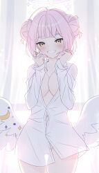 1girl absurdres ahoge angel_wings blue_archive blush breasts cameltoe cleft_of_venus collarbone commentary crescent curtains double_bun gluteal_fold grabbing_own_hair grin hair_bun halo heart highres holding holding_own_hair large_breasts long_sleeves looking_at_viewer low_wings mika_(blue_archive) naked_shirt navel p_ion pink_hair pink_halo see-through_silhouette shirt sleeves_past_wrists smile solo standing teeth thighs white_shirt white_wings window wings yellow_eyes