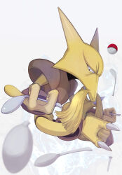 absurdres alakazam claws creatures_(company) facial_hair floating floating_object full_body game_freak gen_1_pokemon highres holding holding_spoon kikken looking_at_viewer looking_to_the_side mustache nintendo poke_ball poke_ball_(basic) pokemon pokemon_(creature) psychic shoulder_pads simple_background solo spoon