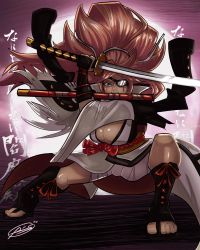  1girl absurdres amputee arc_system_works arm_guards armor baiken big_hair black_jacket black_kimono breasts cleavage clenched_teeth eyepatch facial_tattoo fighting_stance guilty_gear guilty_gear_strive highres jacket jacket_on_shoulders japanese_clothes kataginu katana kimono large_breasts long_hair meguman multicolored_clothes multicolored_kimono one-eyed open_clothes open_kimono pink_hair ponytail red_eyes samurai sandals scar scar_across_eye scar_on_face sheath sword tattoo teeth thighs torn_sleeve very_long_hair weapon  rating:Sensitive score:5 user:Meguman_