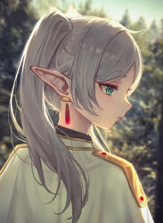  1girl absurdres backlighting blush capelet closed_mouth dangle_earrings day earrings elf expressionless frieren gold_trim green_eyes grey_hair highres jewelry long_hair outdoors parted_bangs pointy_ears profile qiu_ju solo sousou_no_frieren twintails upper_body white_capelet  rating:General score:9 user:danbooru