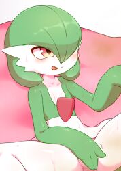  1girl alacarte blush bob_cut closed_mouth collarbone colored_skin covering_privates covering_crotch creatures_(company) female_focus flat_chest game_freak gardevoir gen_3_pokemon green_hair green_skin hair_over_one_eye happy highres looking_to_the_side multicolored_skin nintendo one_eye_covered pink_background pokemon pokemon_(creature) red_eyes shiny_skin short_hair sitting smile solo spread_legs sweat thighs tongue tongue_out two-tone_skin white_skin 