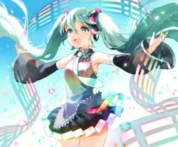  1girl :d anco_(melon85) aqua_eyes aqua_hair aqua_nails aqua_necktie commentary_request cowboy_shot detached_sleeves hair_between_eyes hatsune_miku long_hair miniskirt nail_polish necktie open_mouth outstretched_arms pleated_skirt skirt smile solo spread_arms strap tears twintails very_long_hair vocaloid 