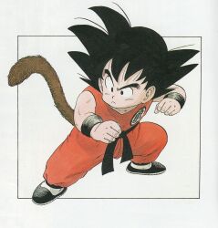  1boy arm_up bare_arms black_eyes black_footwear black_hair black_sash black_wristband border closed_mouth clothes_writing collarbone commentary dougi dragon_ball dragon_ball_(classic) facing_viewer fighting_stance fingernails full_body highres leaning_back legs_apart looking_afar male_focus messy_hair monkey_tail obi official_art outside_border outstretched_arm raised_eyebrow sash serious shoes simple_background socks son_goku spiked_hair tail tareme toriyama_akira white_background white_socks wristband  rating:General score:2 user:danbooru