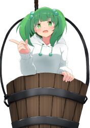 1girl :d bucket commentary_request green_eyes green_hair hair_bobbles hair_ornament hood hoodie in_bucket in_container kisume long_sleeves mizune_(winter) open_mouth pointing puffy_sleeves simple_background smile solo touhou white_background white_hoodie wooden_bucket 