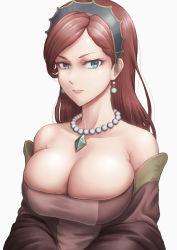1girl bare_shoulders blue_eyes breasts cleavage closed_mouth earrings female_focus highres hilda_boreas_greyrat jewelry large_breasts lips long_hair looking_at_viewer mature_female mushoku_tensei necklace red_hair simple_background solo upper_body rating:Questionable score:180 user:DoctorWasabi