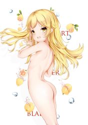  1girl an-telin ass bakemonogatari blush breasts female_focus highres loli long_hair looking_at_viewer looking_to_the_side monogatari_(series) nude open_mouth oshino_shinobu small_breasts solo teeth white_background  rating:Questionable score:112 user:Domestic_Importer