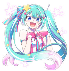  1girl armlet blue_eyes blue_hair blush collared_shirt commentary cropped_torso gloves hair_ornament hair_ribbon hands_on_own_chest hatsune_miku katatumuri_29 long_hair looking_at_viewer magical_mirai_(vocaloid) magical_mirai_miku magical_mirai_miku_(2022) multicolored_hair necktie open_mouth pink_hair radio_antenna ribbon shirt sleeveless sleeveless_shirt smile solo star_(symbol) star_hair_ornament twintails vocaloid 